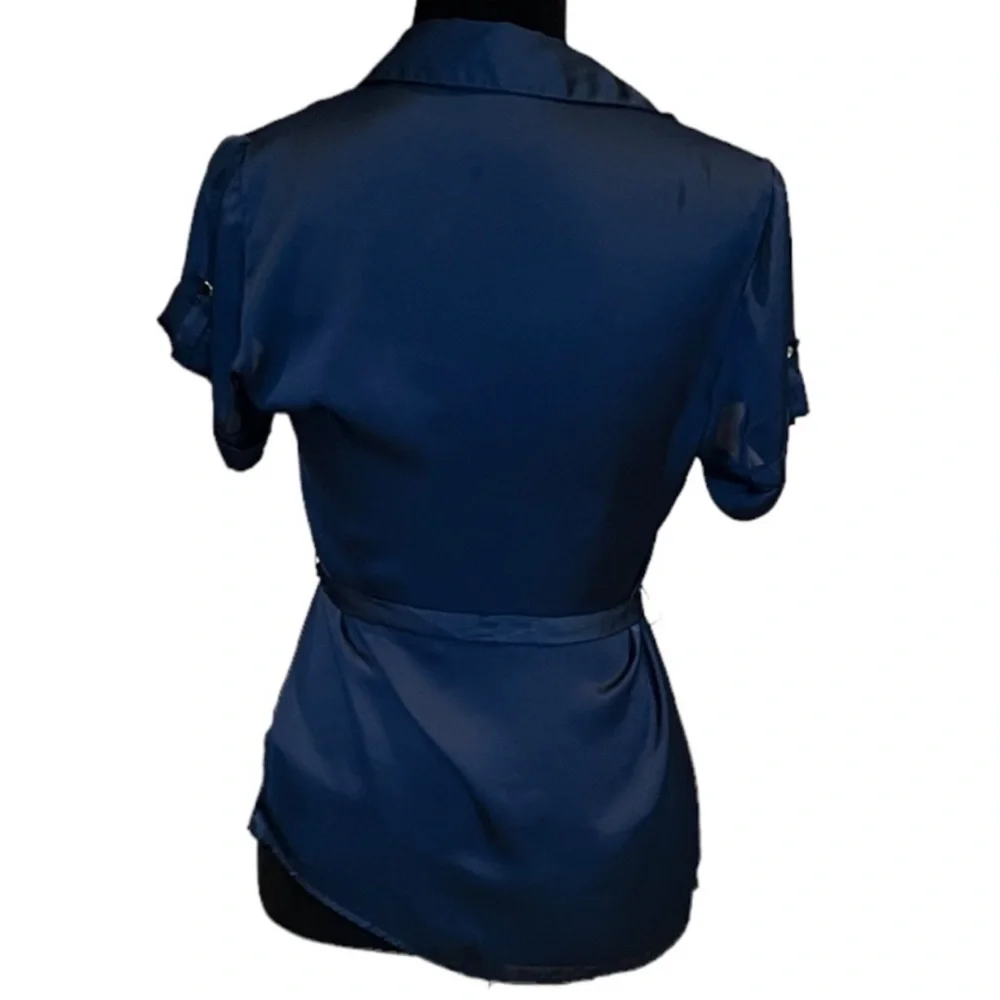 21 Slate blue satin feel snap front Top with belt Women's Button-Up Blouse - Picture 2 of 7